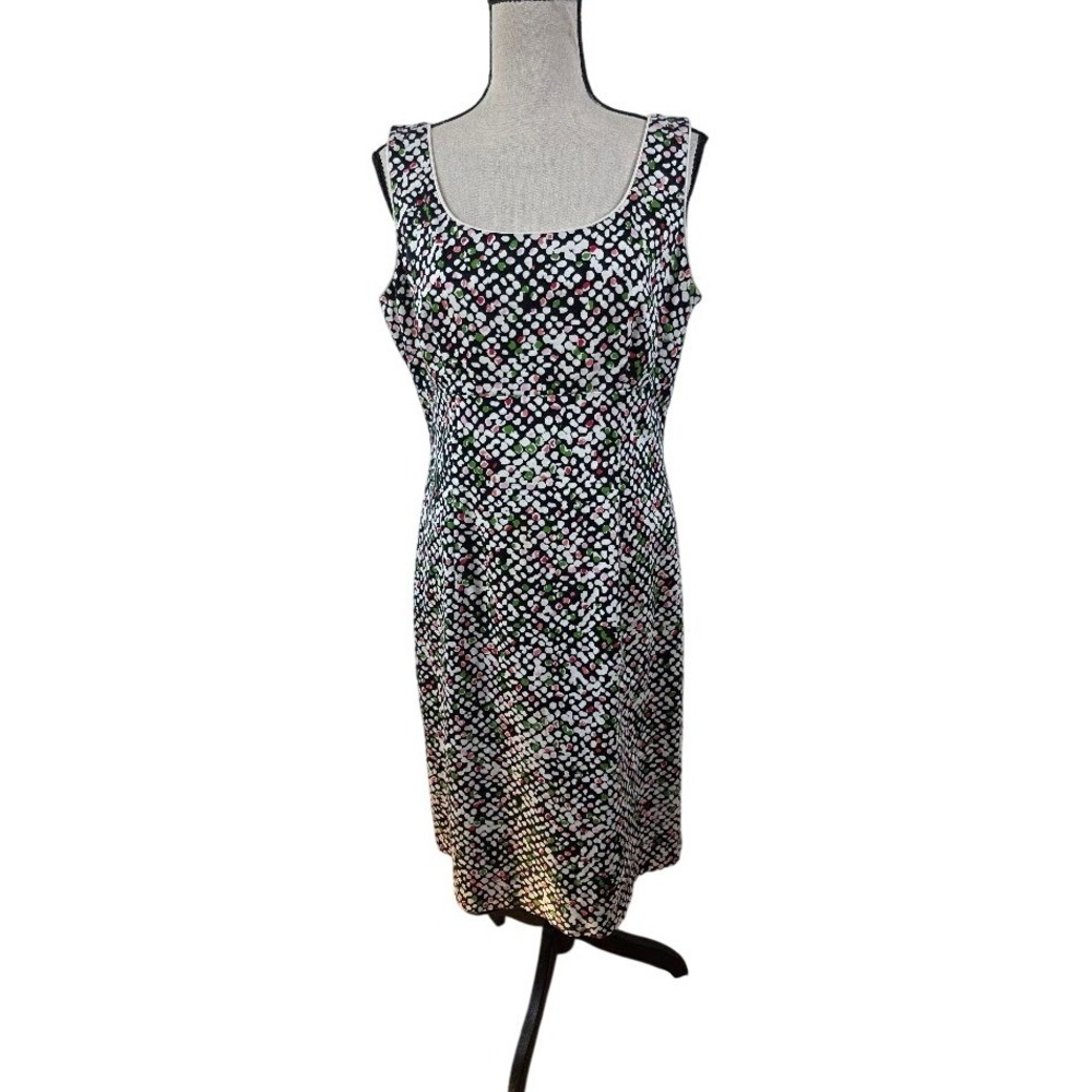 Talbots Sheath Dress Womens 10 Black Multi Polka Dot Stretch Sleeveless Cotton